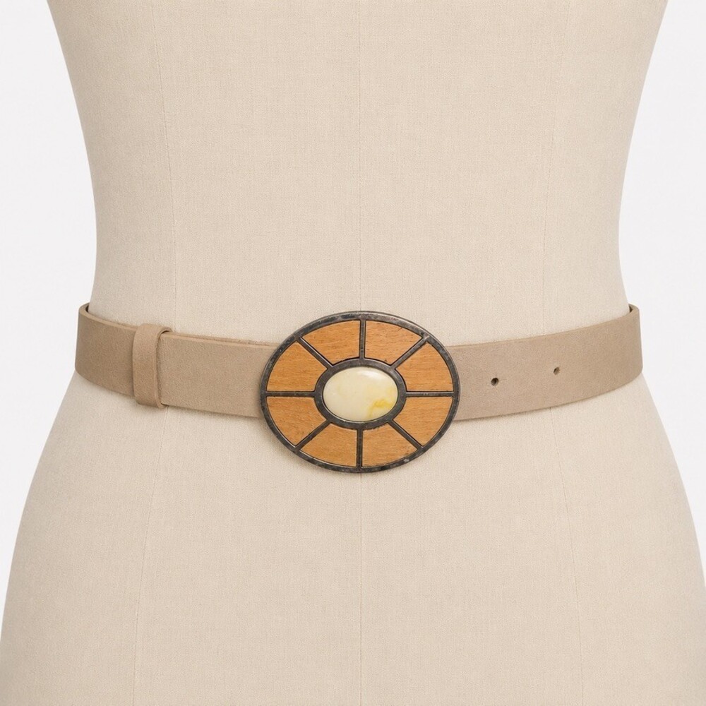 Fina Firenze Vintage Italian statement Leather Belt  Tan Wood Inlay Cabochon M